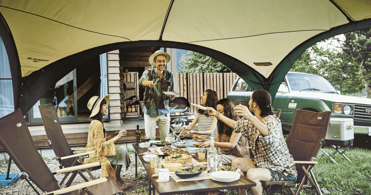 1人でも簡単設営の大型シェードで、グループBBQやキャンプに超開放的なリビングを！